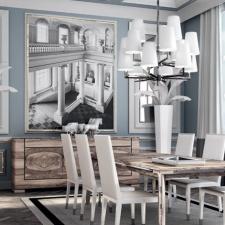 Transitional Dining Room with large silver hanging chandelier with white shades