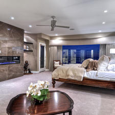 Transitional Bedroom with custom gray valance with floor to ceiling draperies