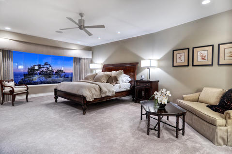 Transitional Bedroom with custom gray valance with floor to ceiling drapery
