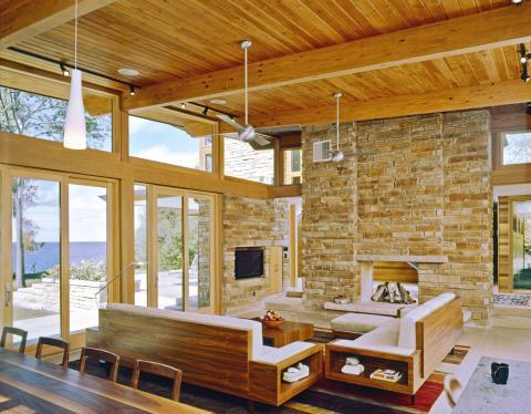 Contemporary Family Room with wood sectional sofas with white cushions