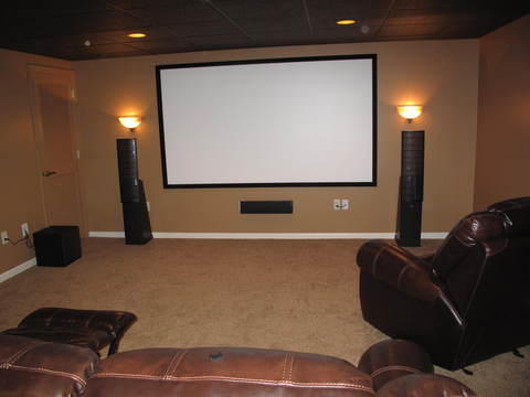 Traditional Home Theater with leather furniture