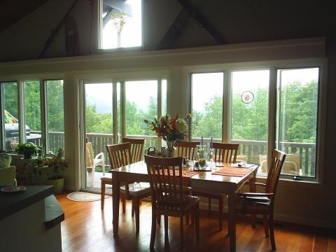 Transitional Dining Room with medium wood stained floor