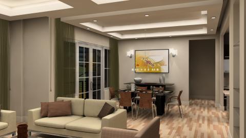Contemporary Family Room with dark wood dining table with metal legs