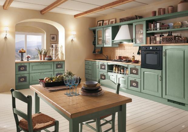 Transitional Kitchen with jade colored wall mounted shelves