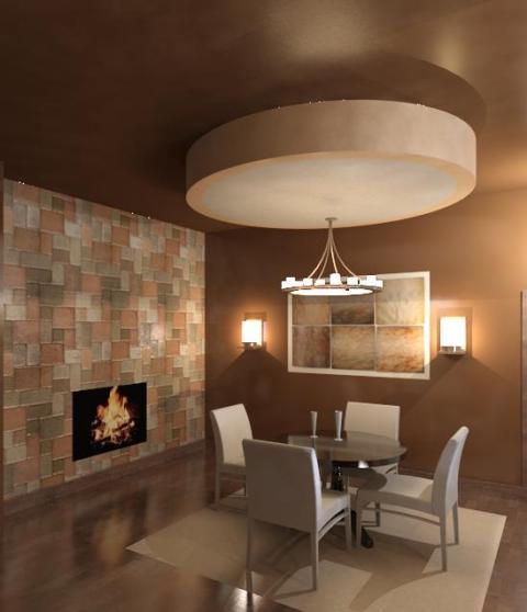 Transitional Dining Room with white cushioned dining chairs