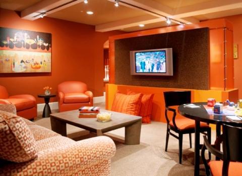 Contemporary Family Room with orange cushions on chairs in dining room