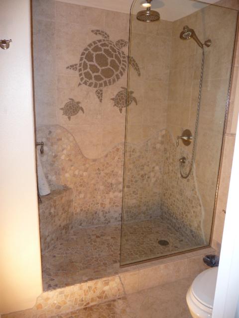 Eclectic Bathroom with stainless steel shower head