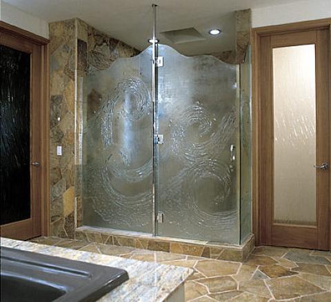 Transitional Master Bathroom with light wood bathroom door with large glass panel
