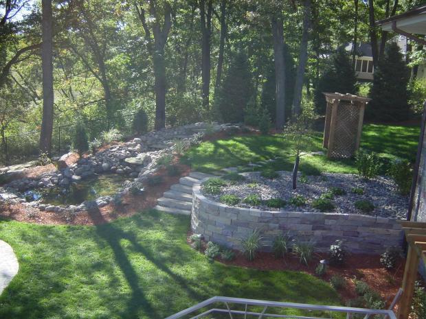 Contemporary Walkway with stone retaining wall