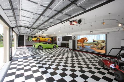 Contemporary Garage with checkerboard pattern garage floor tiles