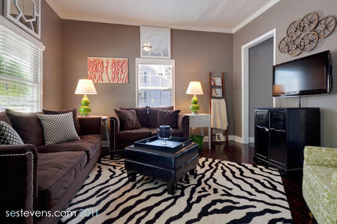 Eclectic Family Room with brown upholstered furniture