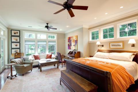 Transitional Bedroom with small wooden desk and chair