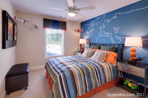 Contemporary Kids Room with industrial side tables