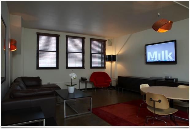 Modern Family Room with metal and fiberglass dining chairs