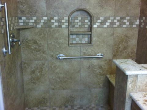 Contemporary Bathroom with brushed nickel grab bars