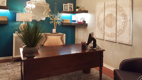 Eclectic Home Office with corner floating shelf