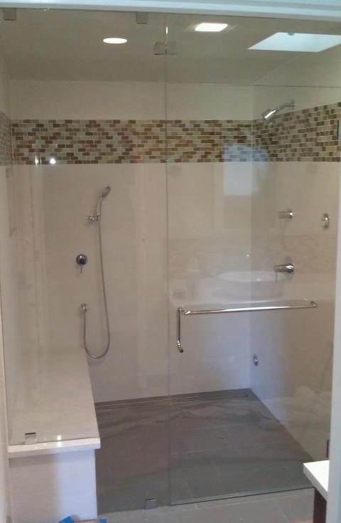 Transitional Bathroom with white tile shower wall covering