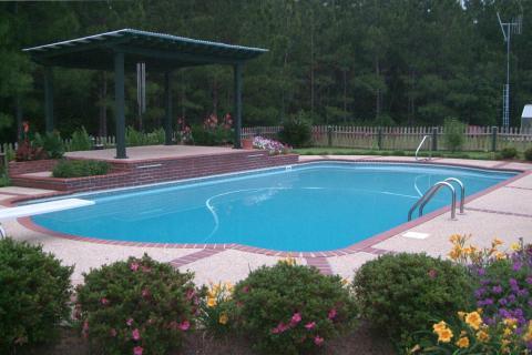 Traditional Pool with colorful flower bushes