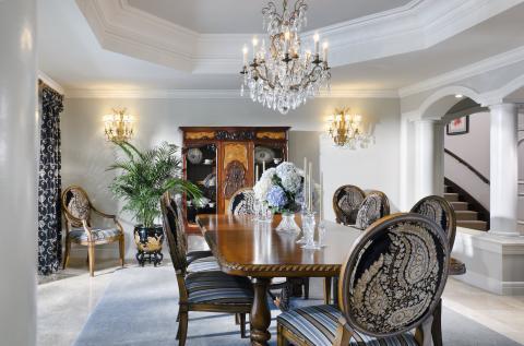 Traditional Dining Room with paisley designed victorian style dining chairs