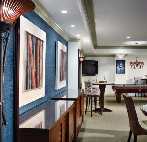 Traditional Home Theater with rectangular pattern chair