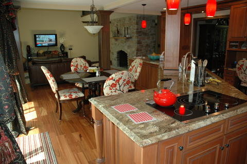 Transitional Dining Room with view from kitchen to living room