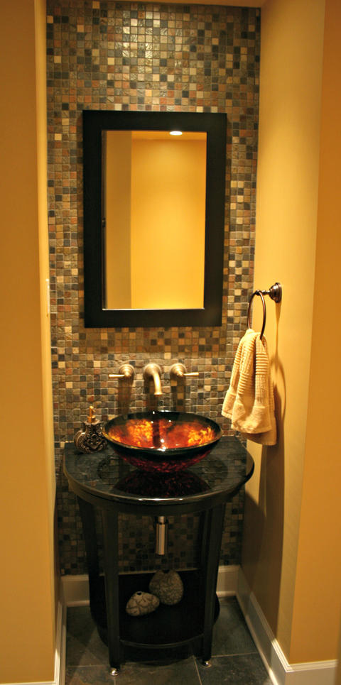 Eclectic Bathroom with kiln fired vessel bowl