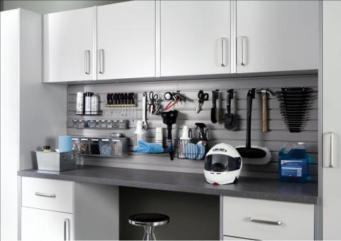 Contemporary Garage with chrome cabinet hardware