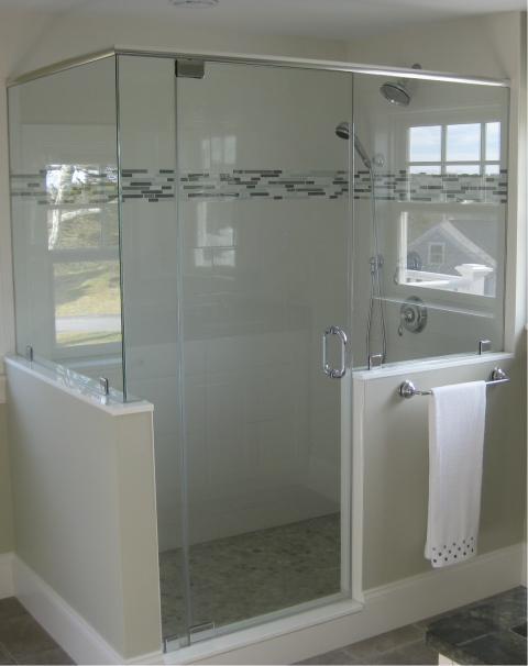Contemporary Bathroom with small gray black and white tile shower flooring
