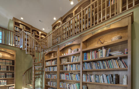 Traditional Library with brass bookshelf lighting