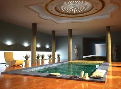 Eclectic Pool with stone round columns
