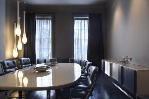 Modern Dining Room with dark herringbone floor pattern