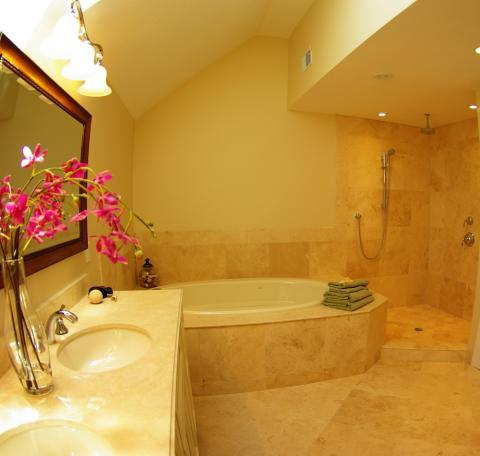 Contemporary Bathroom with light tan tile shower wall covering