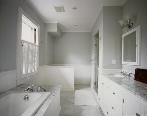 Transitional Master Bathroom with mirrored medicine cabinet