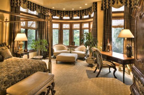 Traditional Bedroom with gold base floor lamp with white shade