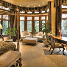 Traditional Bedroom with gold base floor lamp with white shade
