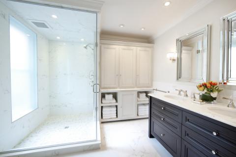 Transitional Bathroom with wall mounted square vanity mirrors
