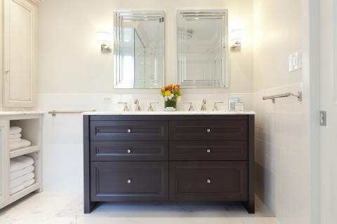 Contemporary Bathroom with sconce lighting with white shades