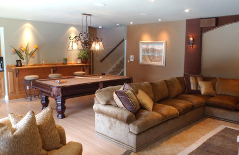Traditional Basement with light hardwood floor