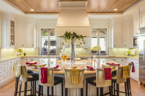 Transitional Kitchen with yellow tile back splash