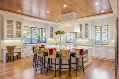 Transitional Kitchen with full tile backsplash on the diagonal