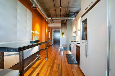 Eclectic Kitchen with great dining idea for small space