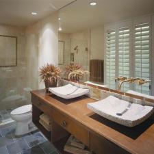 Contemporary Bathroom with white shutter style window covering