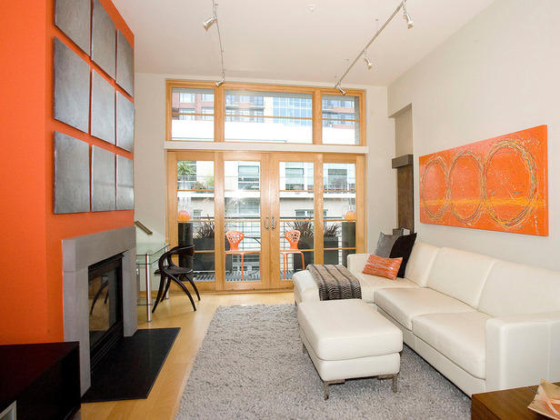 Contemporary Family Room with tall french doors with glass panels