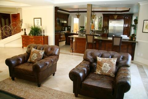 Traditional Family Room with dark wood breakfast bar stools