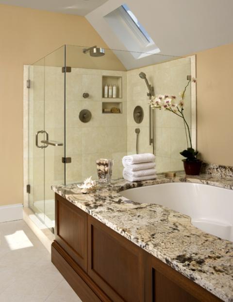 Traditional Bathroom with off white tile shower wall covering