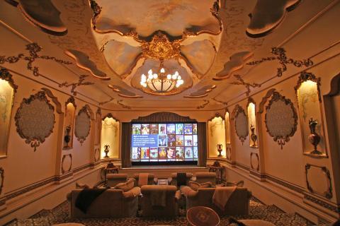 French Home Theater with heavy wood base boards