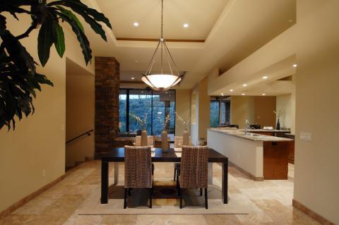 Contemporary Dining Room with kitchen open to dining room