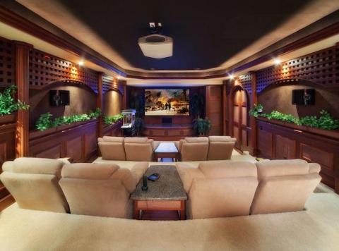 Transitional Home Theater with picture frame moulding