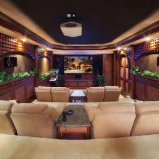 Transitional Home Theater with picture frame moulding