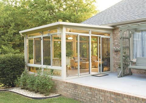 Traditional Patio with floor to ceiling windows
